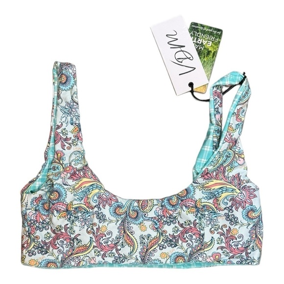 VDM the Label Reversible Sporty Bikini Top in Paisley/Blue Gingham NWT - Picture 2 of 5